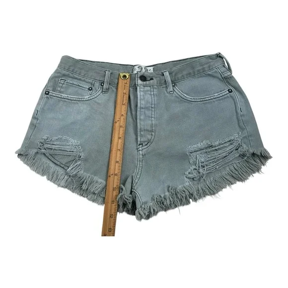 We the Free Denim Cutoff Jean Shorts Destroyed Ripped Sage‎ Green Sz 28 Button - Picture 5 of 11